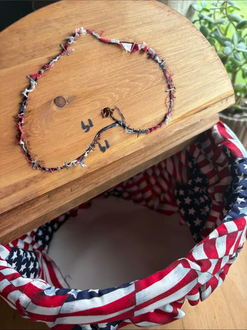 Vintage Wood Double Lid Barrel Weave Basket Lined Flag Heart